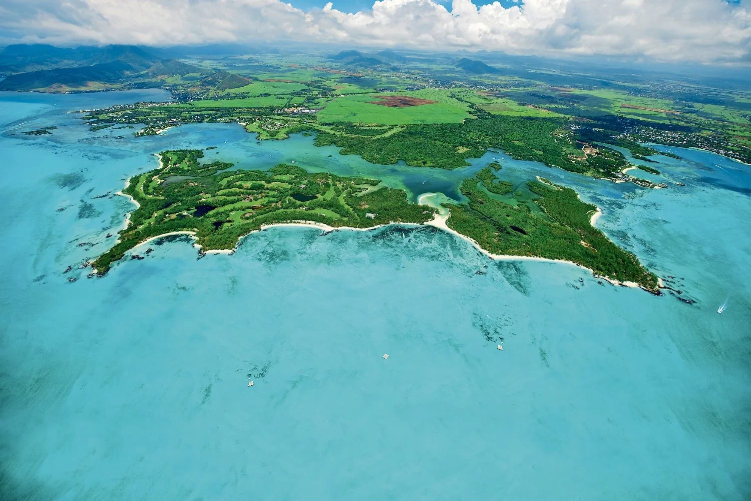 Aerial view of Île aux Cerfs and the east coast of Mauritius