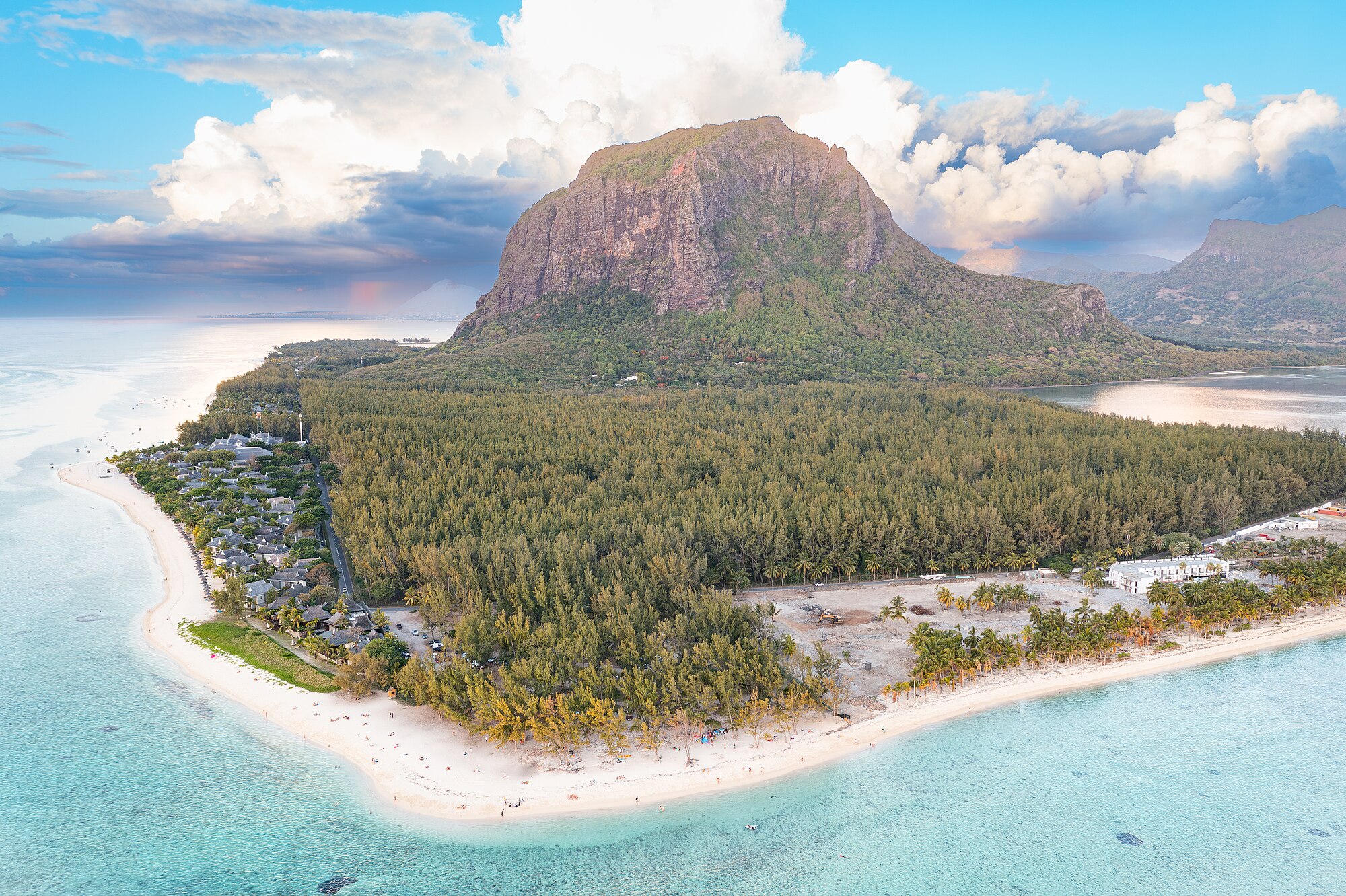 Aerial view of Le Morne peninsula and the turquoise lagoon of Mauritius